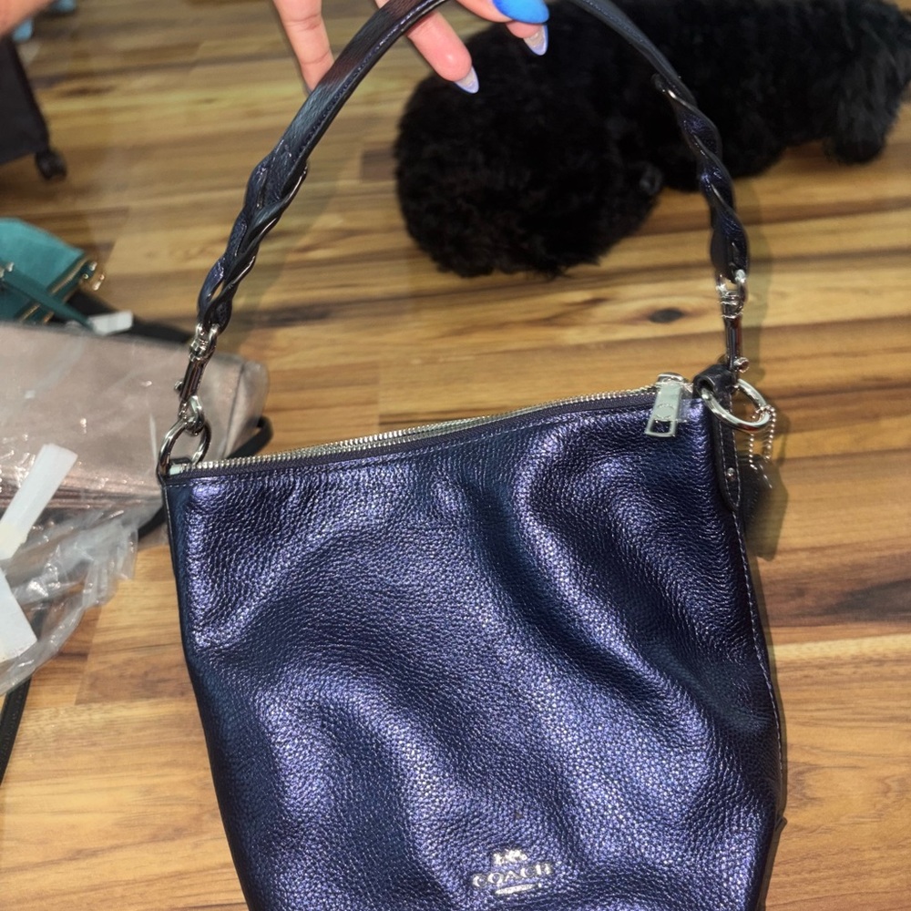 Coach Blue Leather Shoulder Bag with Silver Hardware
